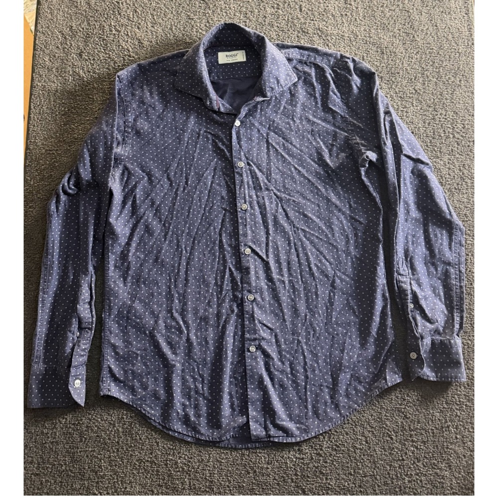 Boggi Milano Navy Polka Dot Italian Fabric Button Down Shirt Mens L Custom Fit